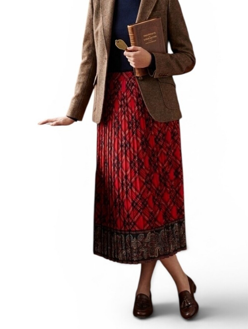 ​Vintage Red Tartan Plaid Pleated Maxi Skirt Paisley 12 Medium